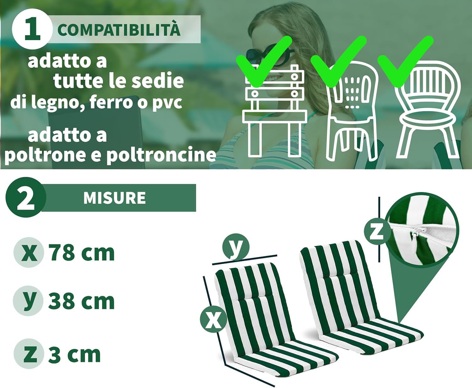 HAND - 2 Cuscini Sedie da Esterno con Schienale Basso, Sfoderabili in Cotone Imbottito, Misure 39+39x38 cm, Ideali per Sedie da Giardino (Verde)