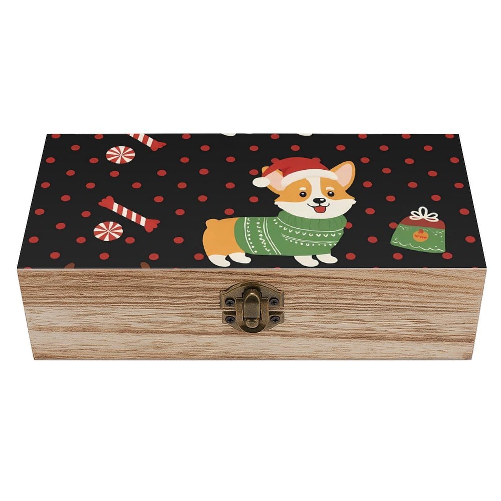 HLBSDM Christmas Corgi Dog & Candy Retro Wooden Storage Box Jewelry Art Gift Boxs Decorative Keepsake Boxes
