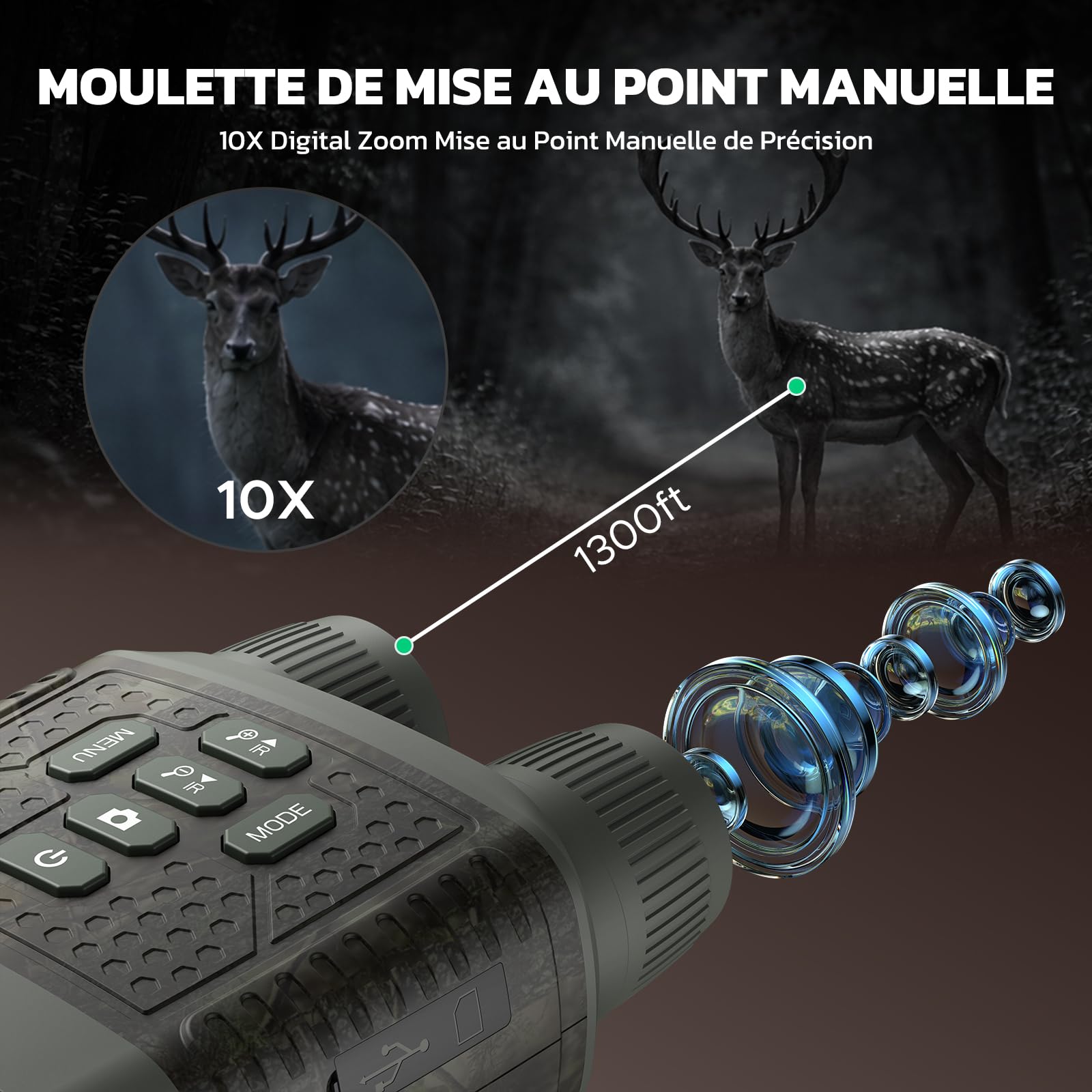Jumelles Vision Nocturne 4K 48MP avec Zoom 10x, Batterie 5000mAh Rechargeable, Portée 400m, pour Chasse, Observation Animale, Camping et Sécurité
