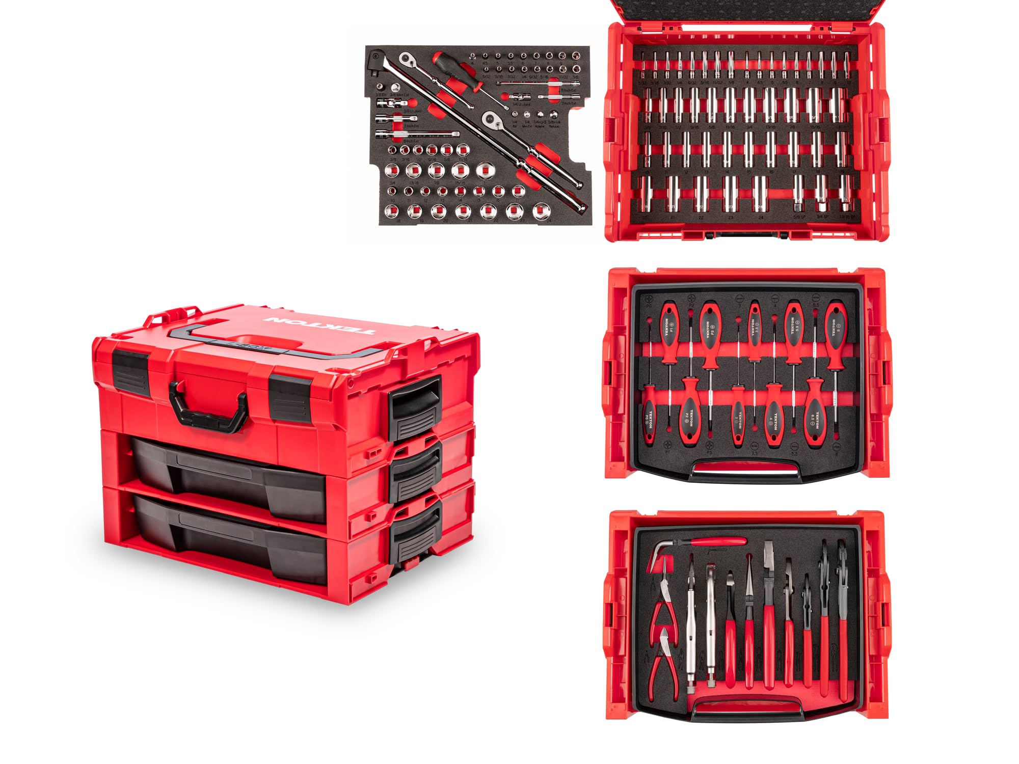 1/4, 3/8 Inch Drive 6-Point Socket and Ratchet, Screwdriver, and Pliers Set in Modular Stacking Tool Box, 2-Drawer (127-Piece) | OLB99006