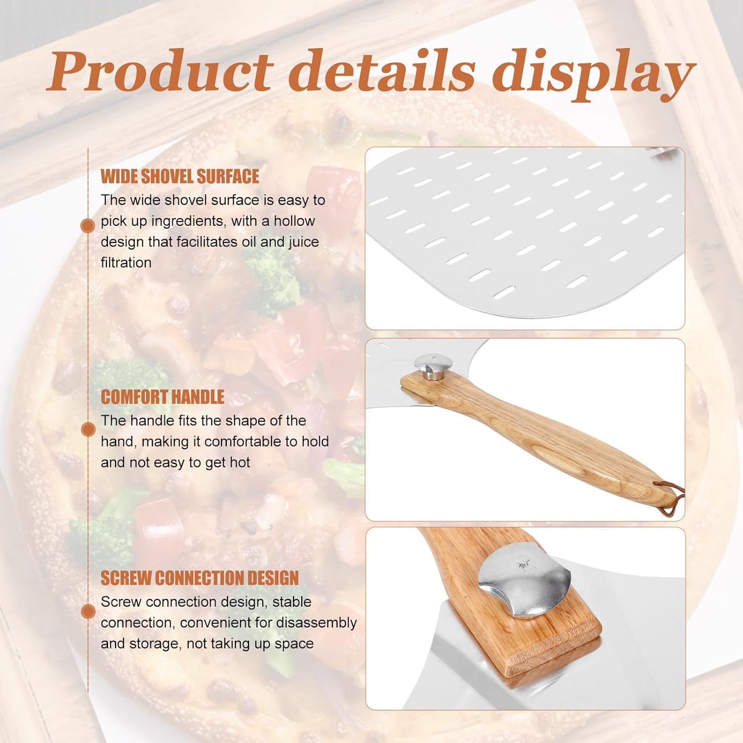 Toyvian Perforated Aluminum Pizza Peel with Wooden Handle Metal Pizza Spatula for Oven Transfer Food Serving Shovel Suitable for Baking