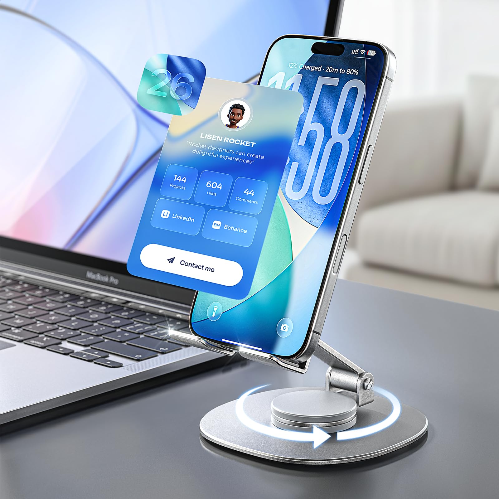 LISEN Cell Phone Stand iPhone Stand for Desk, 360° Rotation for Phone Stand Holder Portable Adjustable Phone Holder Office Accessories All Metal Silver for iPhone 17 16 15 Pro Max Air 4"-8" Device