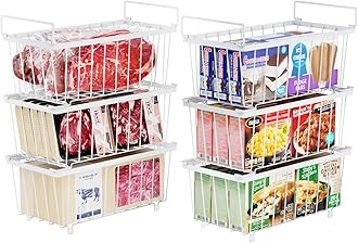 iSPECLE Chest Freezer Organizer Bins - 6 Pack Stackable Deep Freezer Organizer Bins for Most 7 Cu.FT Chest Freezer Sort Frozen Meats, Freezer Storage Bins with Handles Add Space Easy to Reach, White