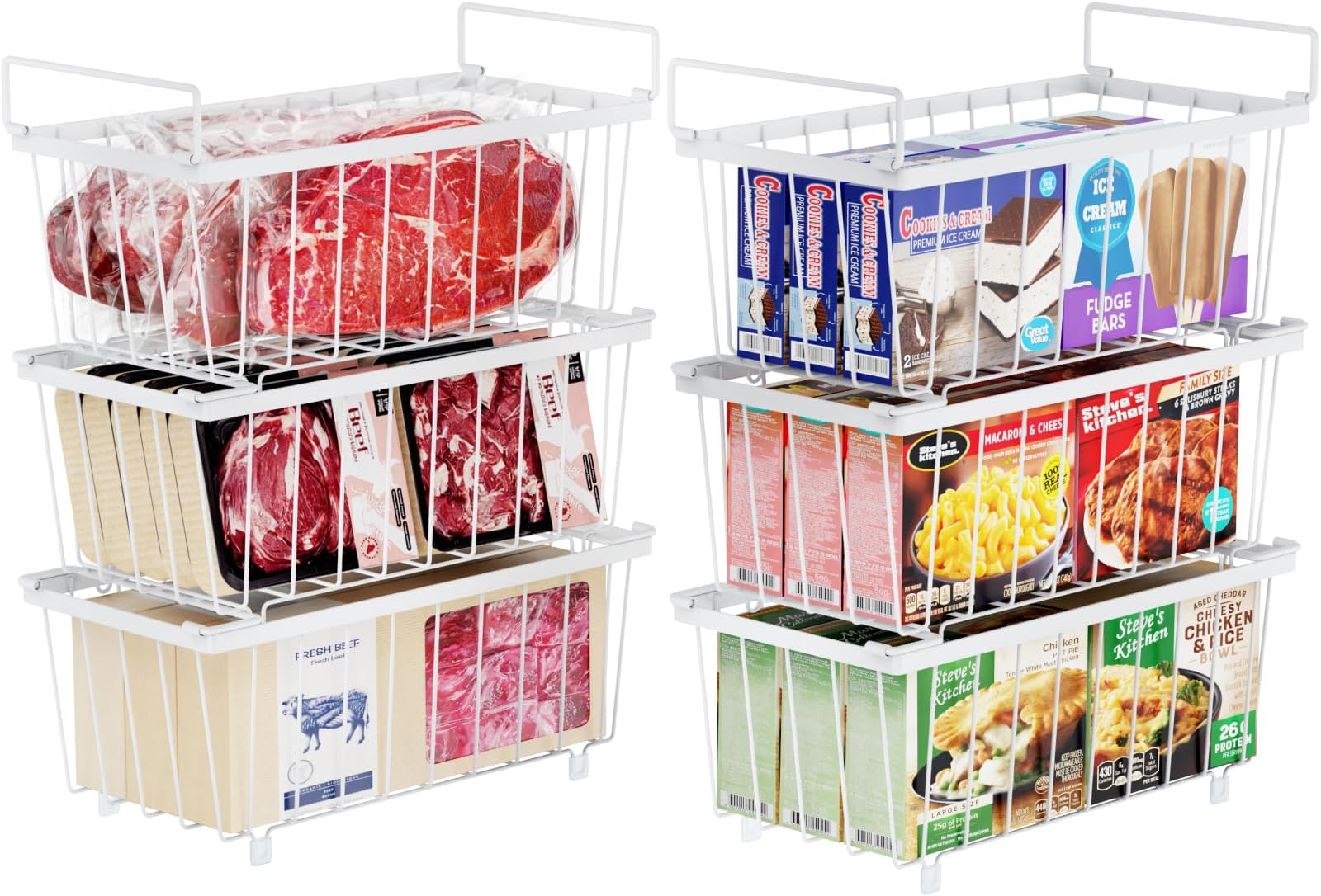 iSPECLE Chest Freezer Organizer Bins - 6 Pack Stackable Deep Freezer Organizer Bins for Most 7 Cu.FT Chest Freezer Sort Frozen Meats, Freezer Storage Bins with Handles Add Space Easy to Reach, White