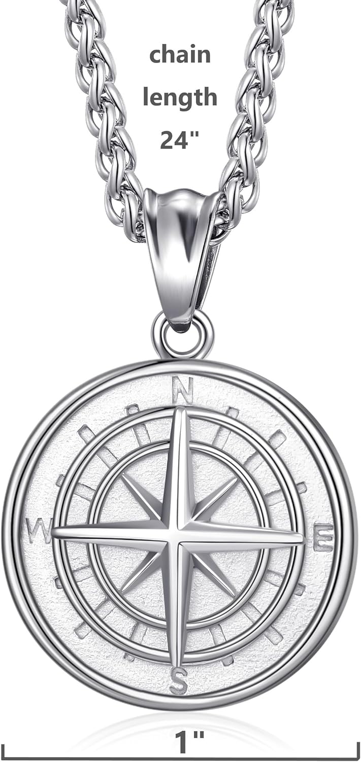 Compass Pendant Necklace for Men Navigator Necklace with 24 Inch Stainless Steel Chain - Image 6