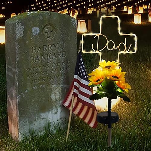 Miniatura 6 de Luces solares de girasol con cruz para papá del cementerio, decoraciones de tumbas impermeables para papá del cementerio, regalos conmemorativos de