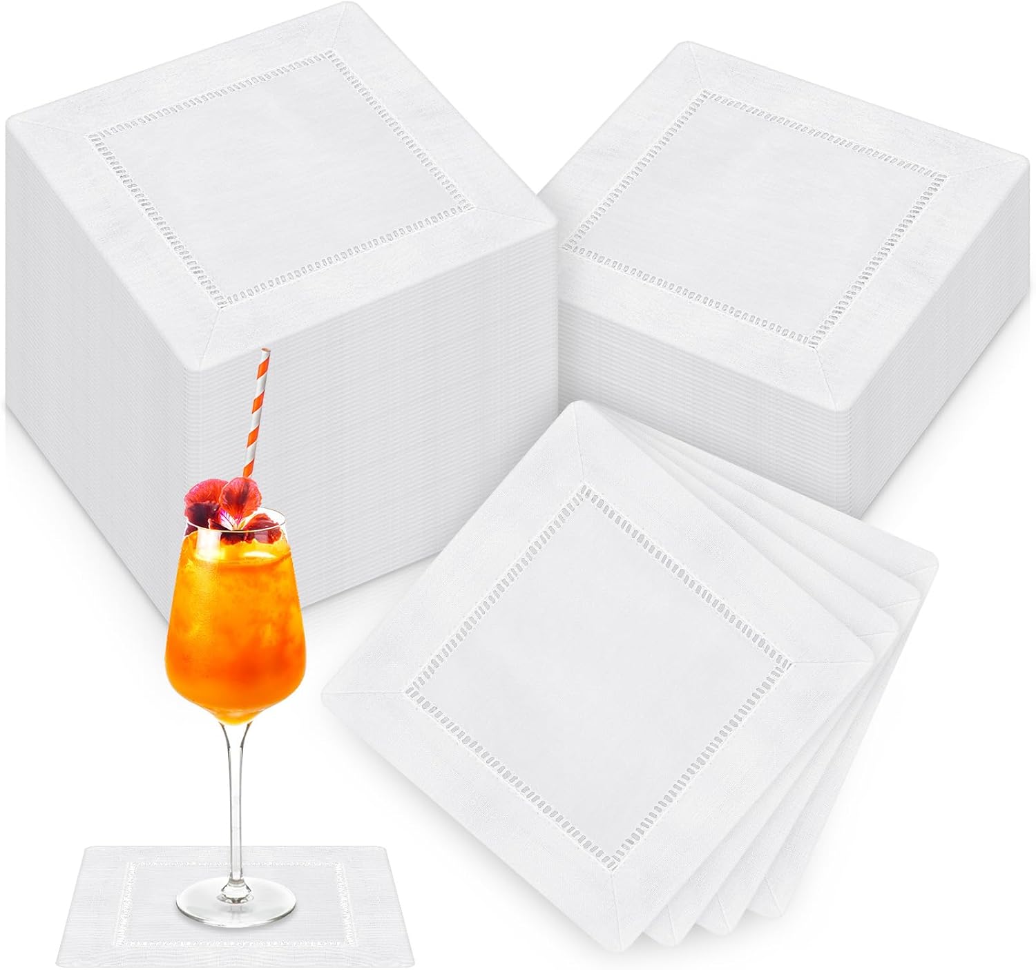 36 Pack White Cocktail Napkins 6 x 6 Inch Square 100% Cotton Cloth Hemstitch Napkins Bulk Mini Reusable Napkin Linen Cotton Coaster for Wedding Party Bridal Showers Bar Beverage Dessert Coffee