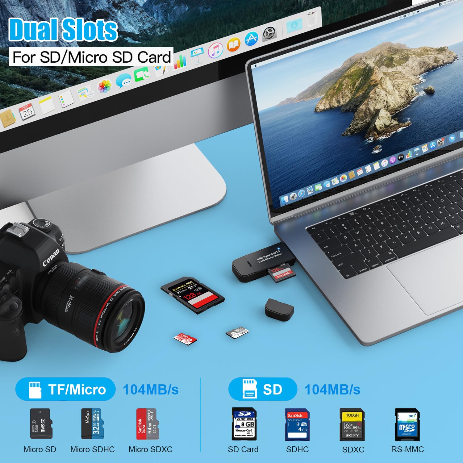 Lettore di schede SD, 3 porte USB 2.0, adattatore Micro SD (A/C/Micro), lettore di schede per schede SD/SDXC/SDHC/TF/UHS-I, lettore di schede di memoria, compatibile con laptop e cellulare