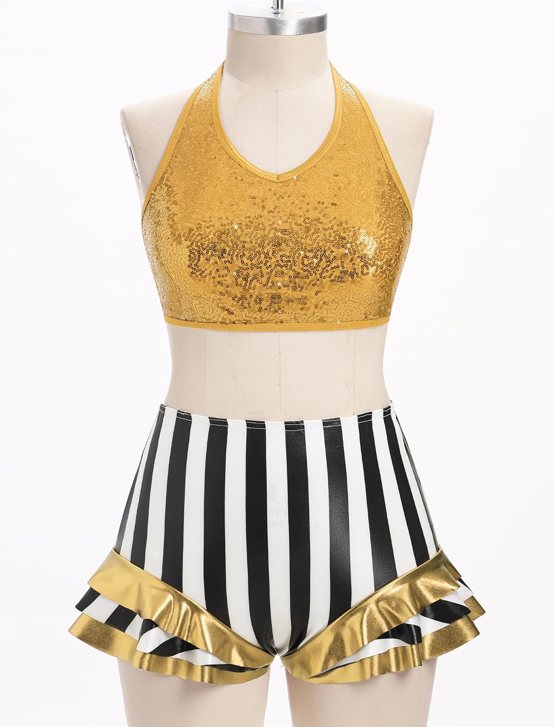 AFAVOM Women Trapeze Artist Circus Acrobat Costume Sparkle Sequin Bra Top + Striped Shorts Stage Performance Dancewear Dress