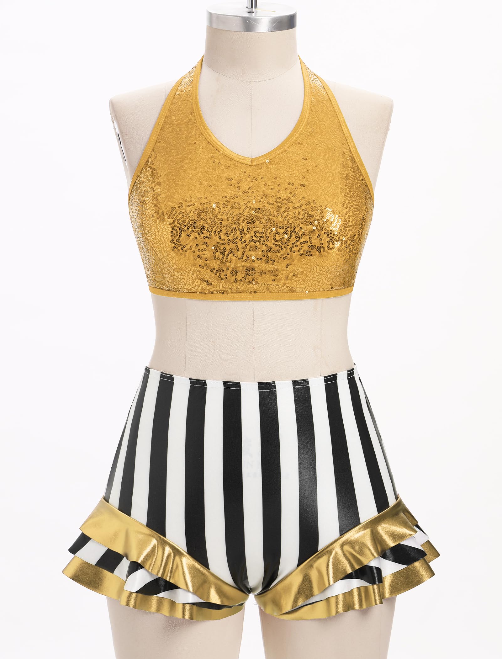 AFAVOM Women Trapeze Artist Circus Acrobat Costume Halter Backless Sparkle Sequin Bra Top + Striped Ruffle Dance Shorts for Stage Performance Dancewear Gymnastics Ballet Leotard Lyrical Outfit Gold XS