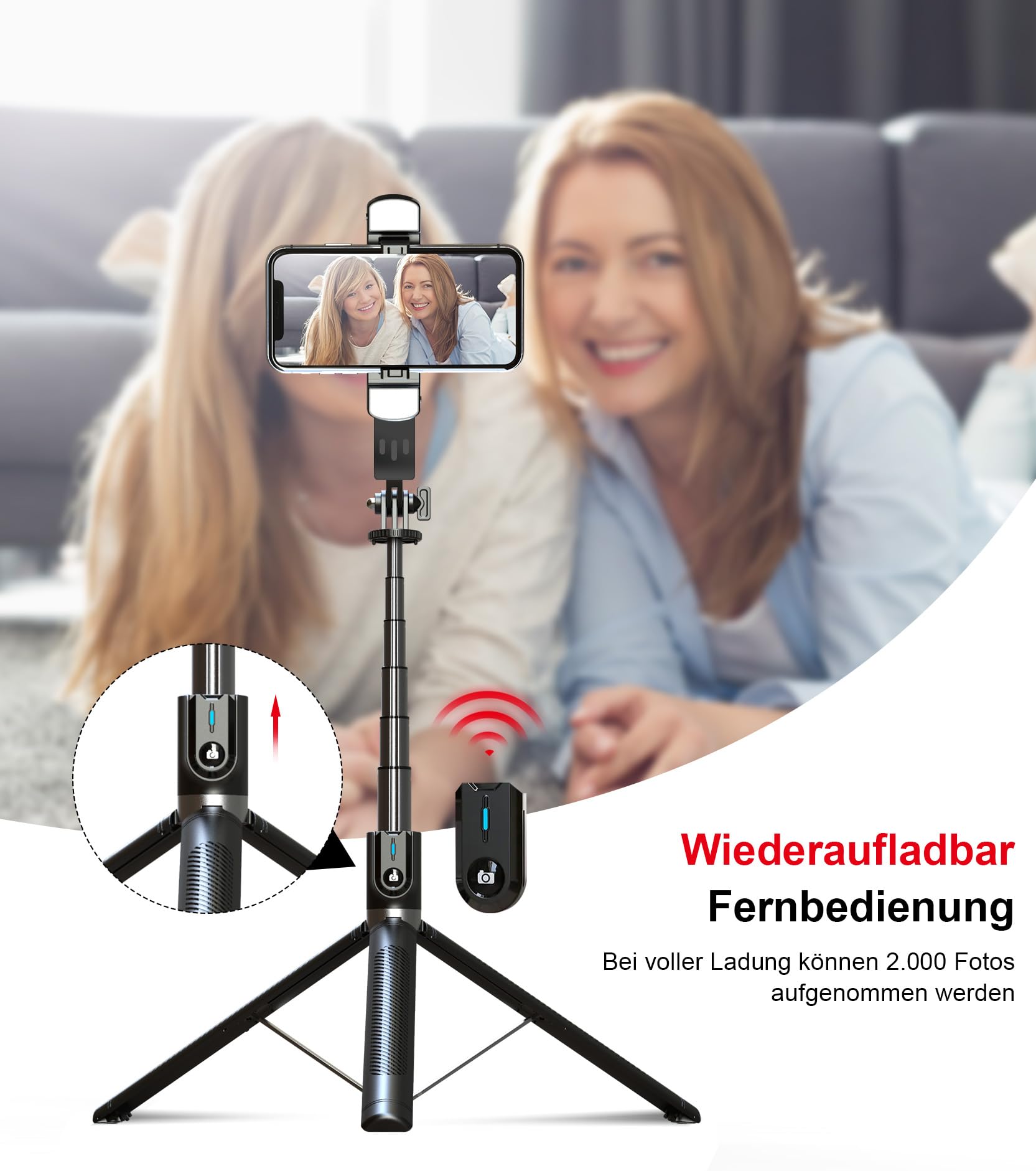 Selfie Stick Handy Stativ für Smartphone - ASHINER 180cm Hoher Handyhalter mit Fernbedienung und LED Fülllichtern für Reisen, Vlogging, Live-Streaming, Handyhalterung Kompatibel mit iPhone und Android