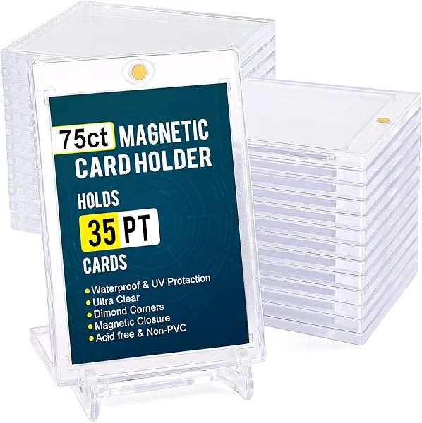 GEAoffice 75pc Magnetic Card Holder for Trading Cards, 35pt UV Protection One Card Holder Touch with Display Stands, Ultra Clear Baseball Card Holder for MTG, Sports, Standard Cards