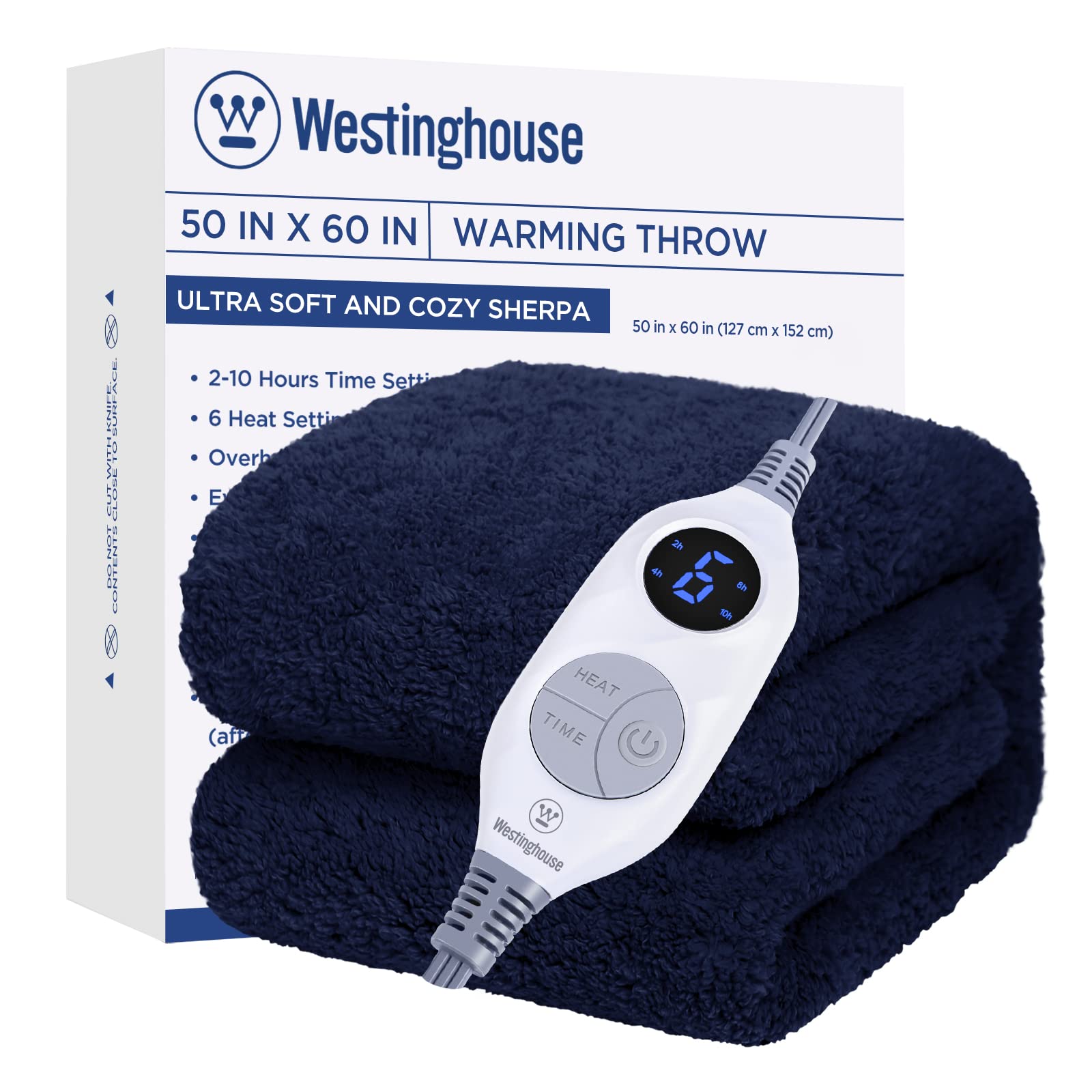 Westinghouse Electric Blanket Throw Size, Soft Plush Sherpa Heated Blanket with 6 Heating Levels & 2-10 Hours Auto-Off, Machine Washable, 50x60 inches, Navy