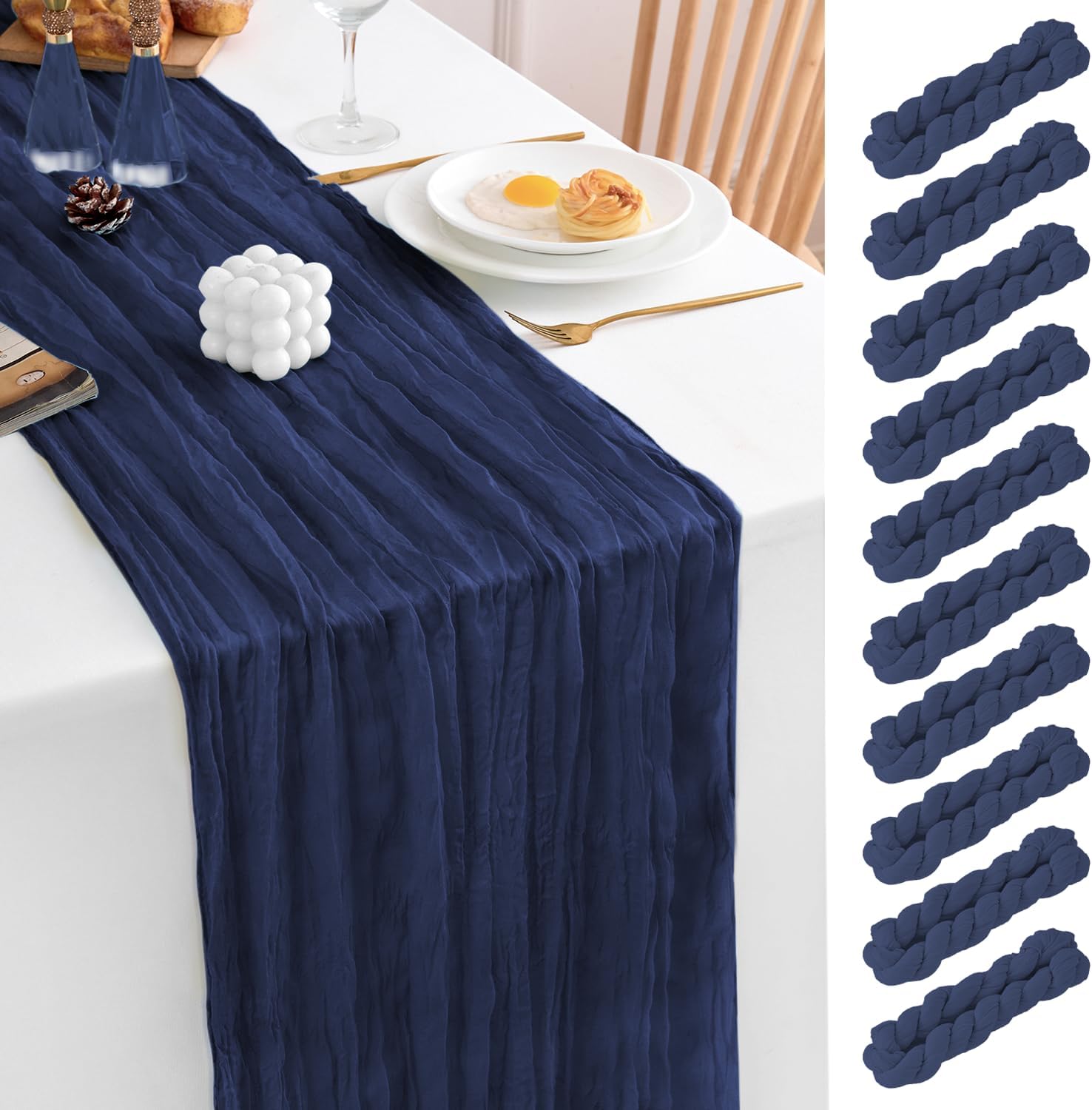 10 Pack Navy Blue Table Runner 21x120 Inch Navy Blue Cheesecloth Table Runner 10FT Boho Gauze Table Runner Long Cheese Cloth Table Runner Semi Sheer Runners for Wedding Bridal Baby Shower Party
