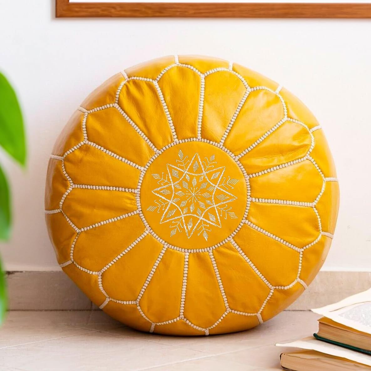 Moroccan Leather Pouf Ottoman for Living Room - Round Ottoman Cover - Unstuffed Leather Foot Stool - Yellow