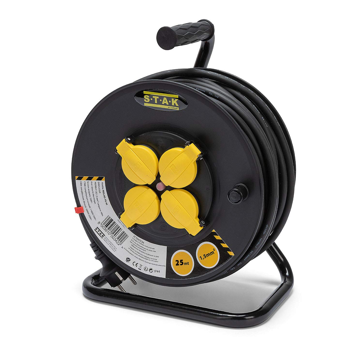 Stak REELHD-FR-25 - Enrollador eléctrico Profesional a Prueba de Agua IP44 Cable 25 m de Goma 3G1,5 mm2 para Obras, Bricolaje, jardín, 4 enchufes, chasis de Acero, Color Negro
