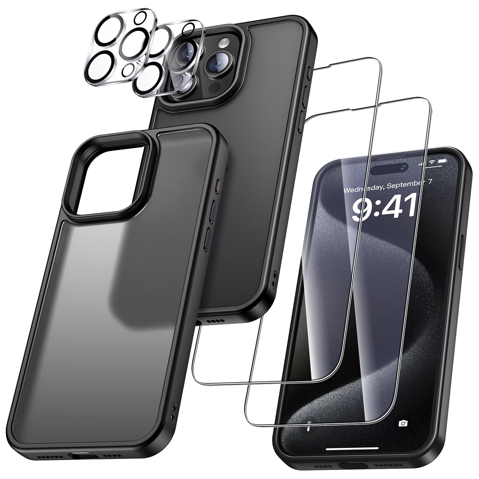 UniqueMe für iPhone 15 Pro Max Hülle, 5-in-1-Set Handyhülle für iPhone 15 Pro Max Case Rundumschutz Schutzhülle Cover,1 Handyhülle & 2 Schutzfolie & 2 Kameraschutz - Matt Schwarz