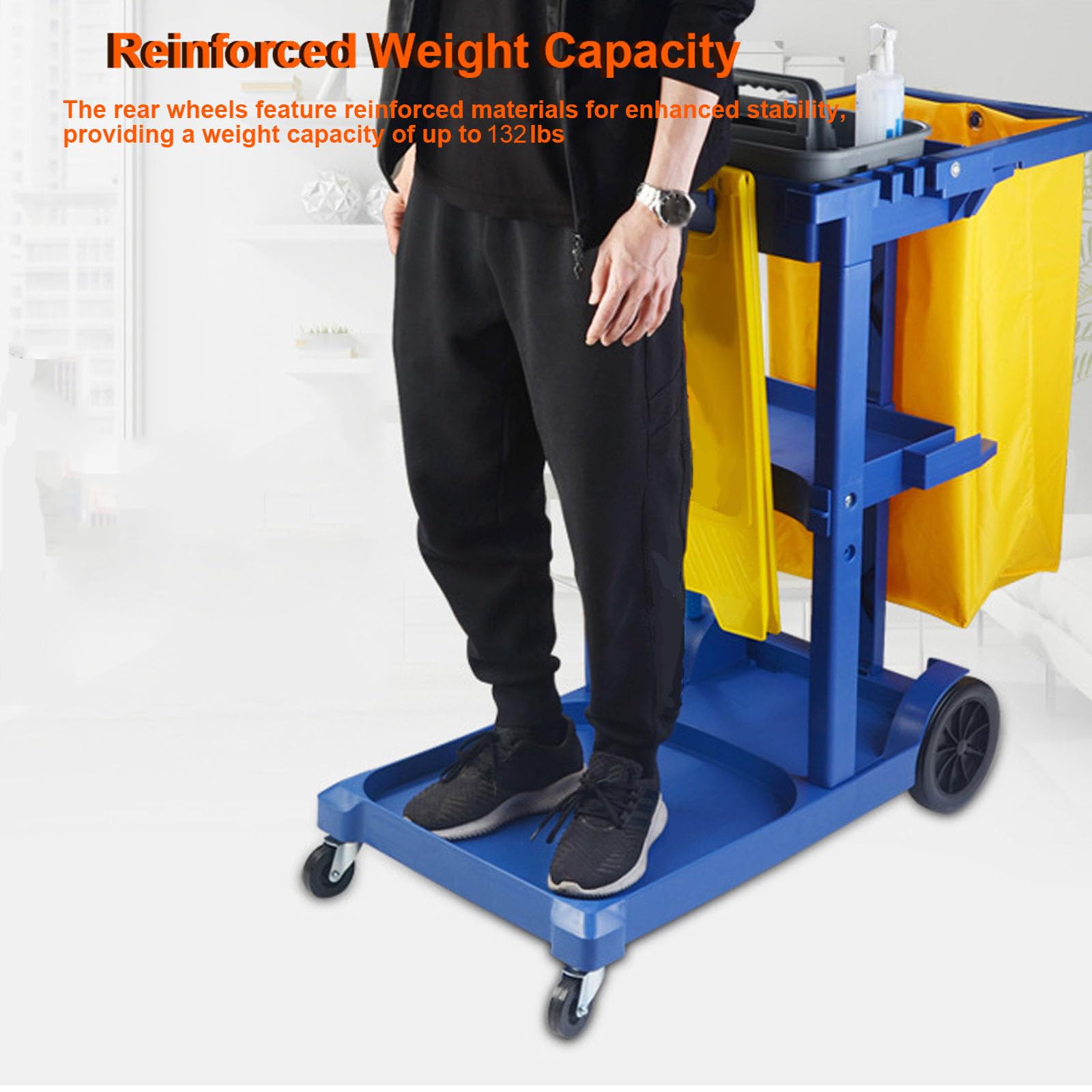 Carrito de limpieza de 3 estantes con ruedas silenciosas y bolsa de gran capacidad para hotel, oficina, hospital, uso comercial