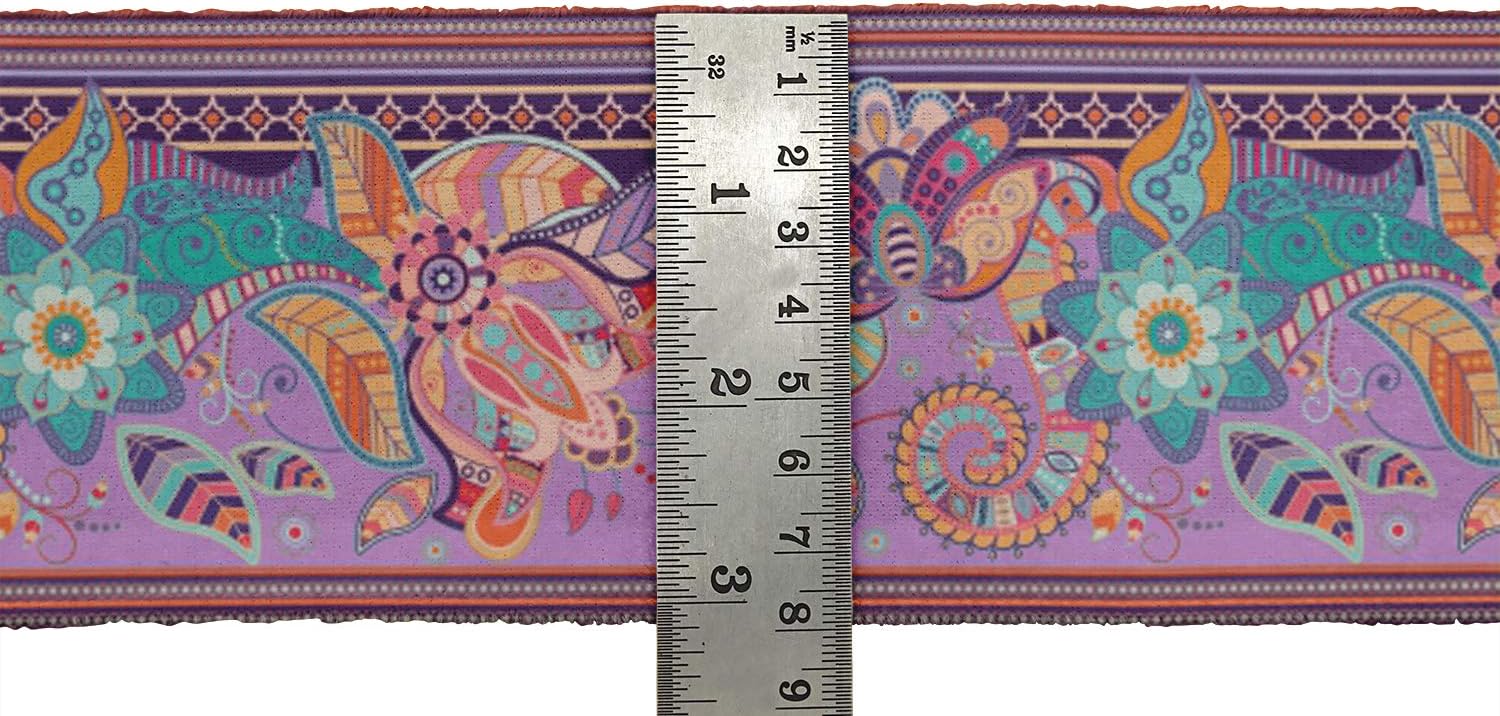 IBA Indianbeautifulart Purple Stripe,Leaves & Floral Artistic Fabric Laces for Crafts Printed Velvet Trim Fabric Sewing Border Ribbon Trims 9 Yards 4 Inches