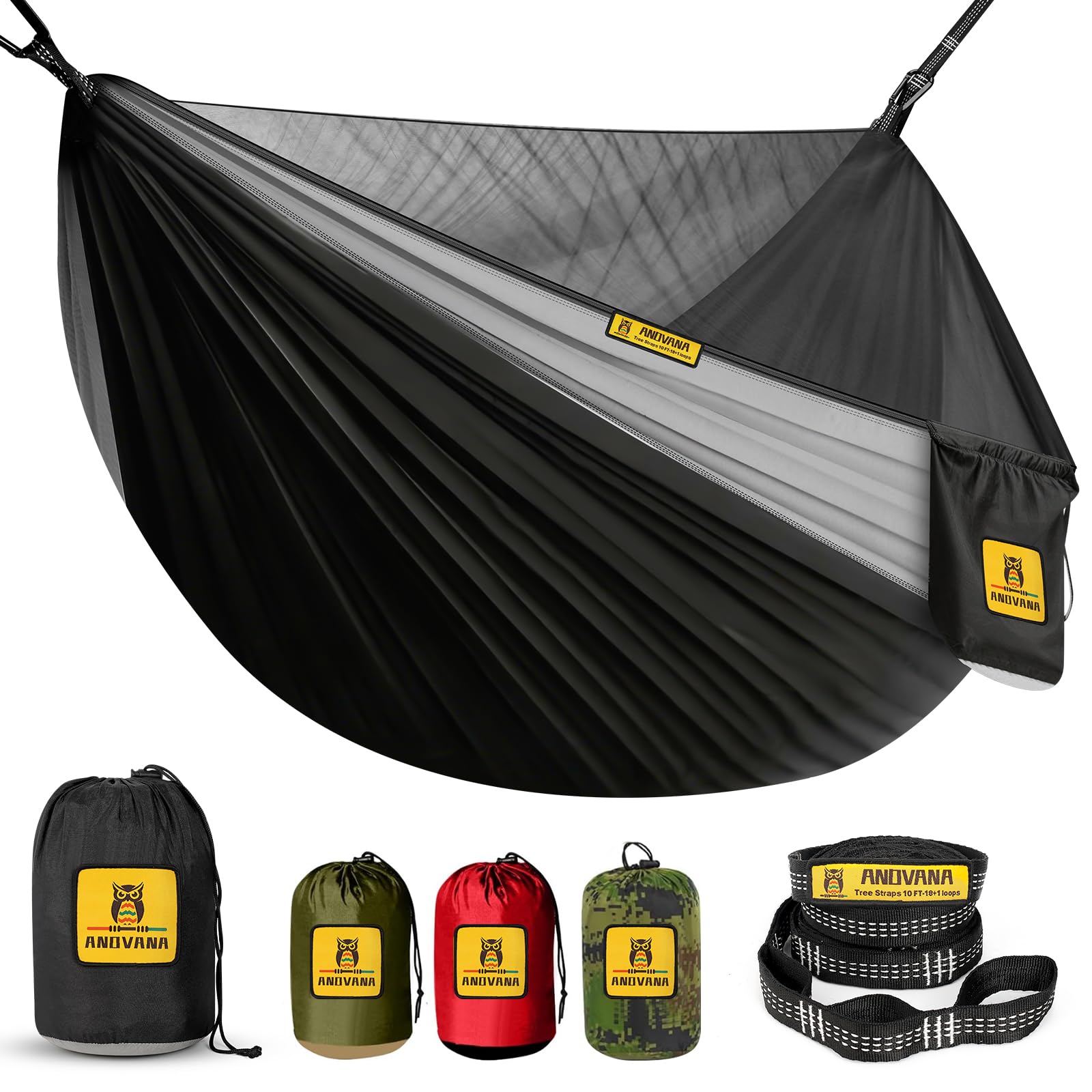 Camping Hammock with Mosquito Net, 500 lbs Portable Hammock with Tree Straps, 2-in-1 Double/Single Travel Hammock Tent for Outside/Indoor/Backpacking/Beach - Black &amp; Grey