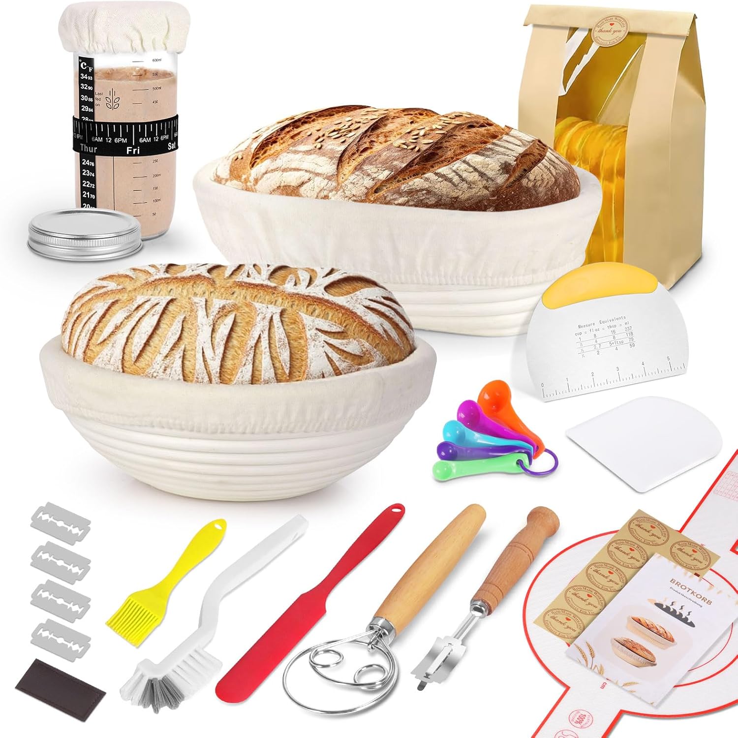 SHANNA Sourdough Starter Kit, Banneton Bread Proofing Basket, Sourdough Bread Baking Supplies, Sourdough Tools, Bread Making Tools, Round & Oval Proofing Basket, 15PCS