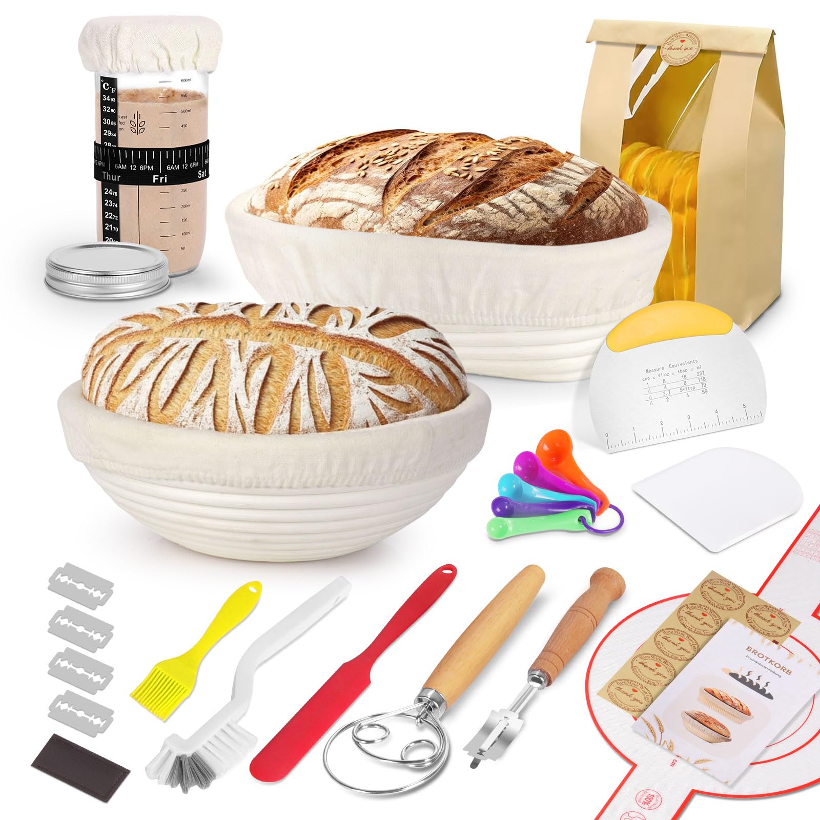 SHANNA Cestino Lievitazione Pane set da 15 Pezzi, cestino pane lievitazione, Cestini Lievitazione Pane in Rattan Naturale, Accessori Per la Cottura del Adatti a Principianti e Panettieri (15PCS)