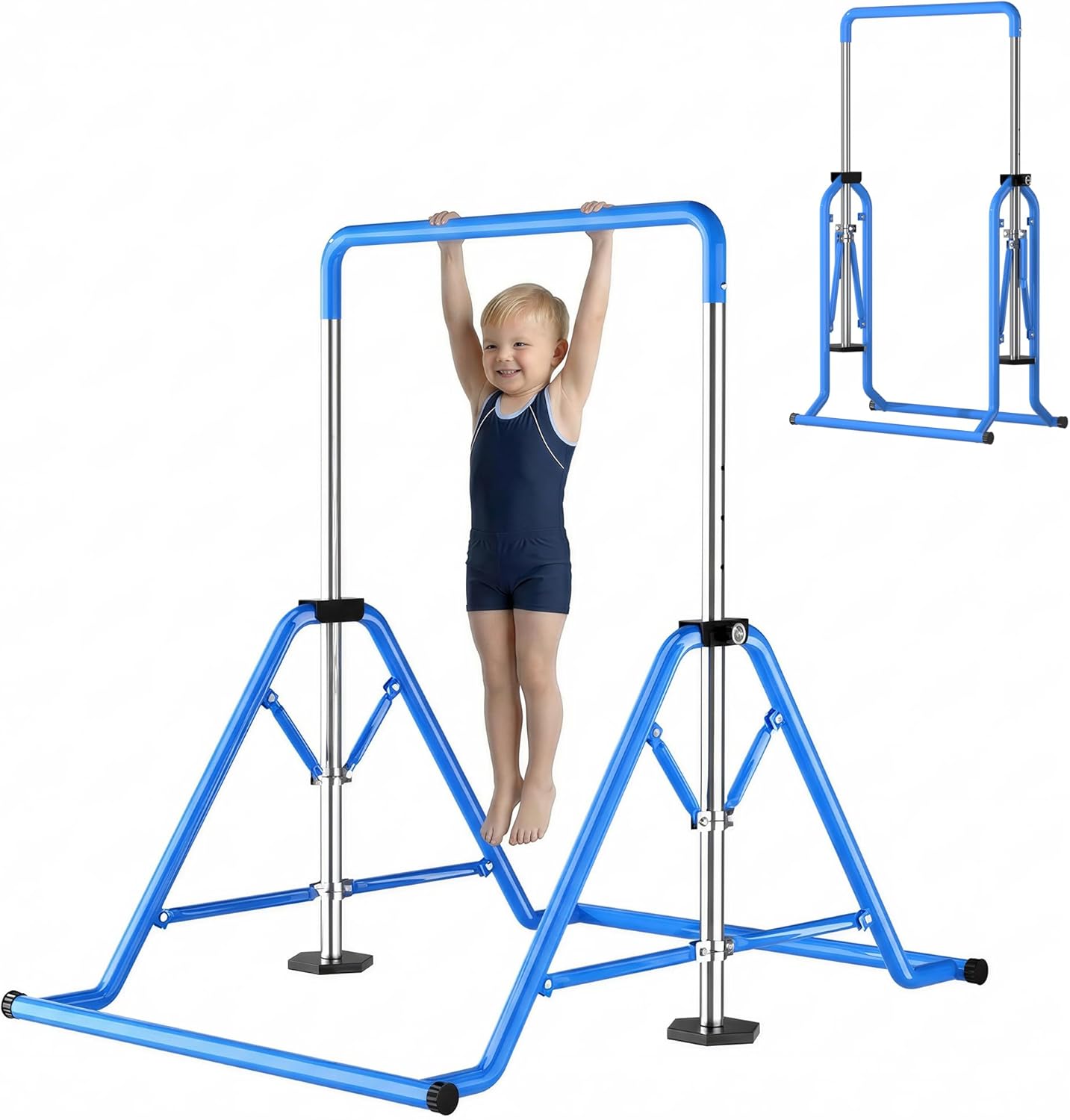 Expandable Kids Gymnastics Kip Bar - Folding Adjustable Height 44''-60'', 300LBS Weight Limit, Heavy-Duty Steel Frame, Home Indoor Training Bar for Kids Ages 3-13, Gift for Young Gymnasts (Blue)