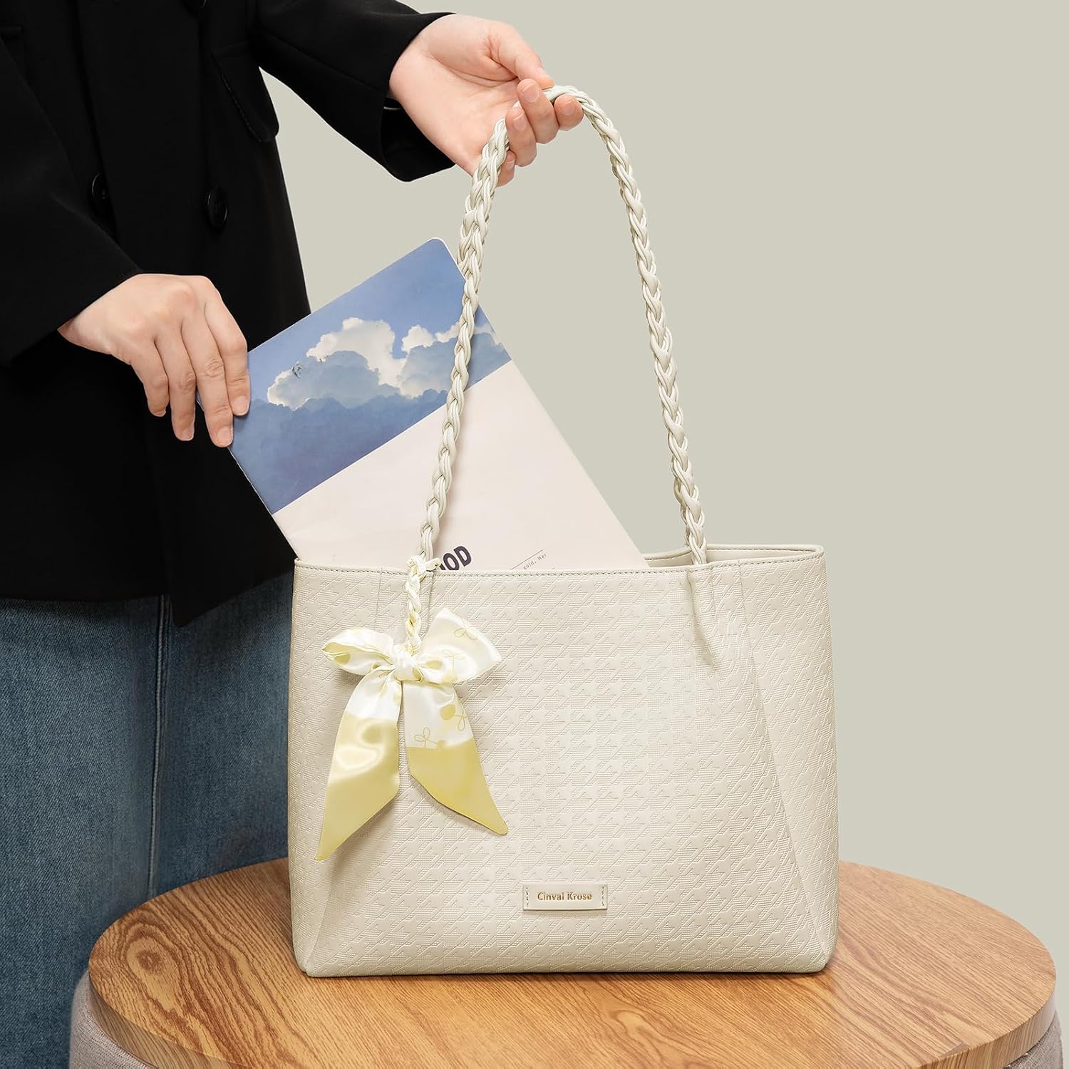 Women's Tote Bag with Faux Leather Base, Large Capacity Fashion Minimalist Shoulder Bag for Work School Daily