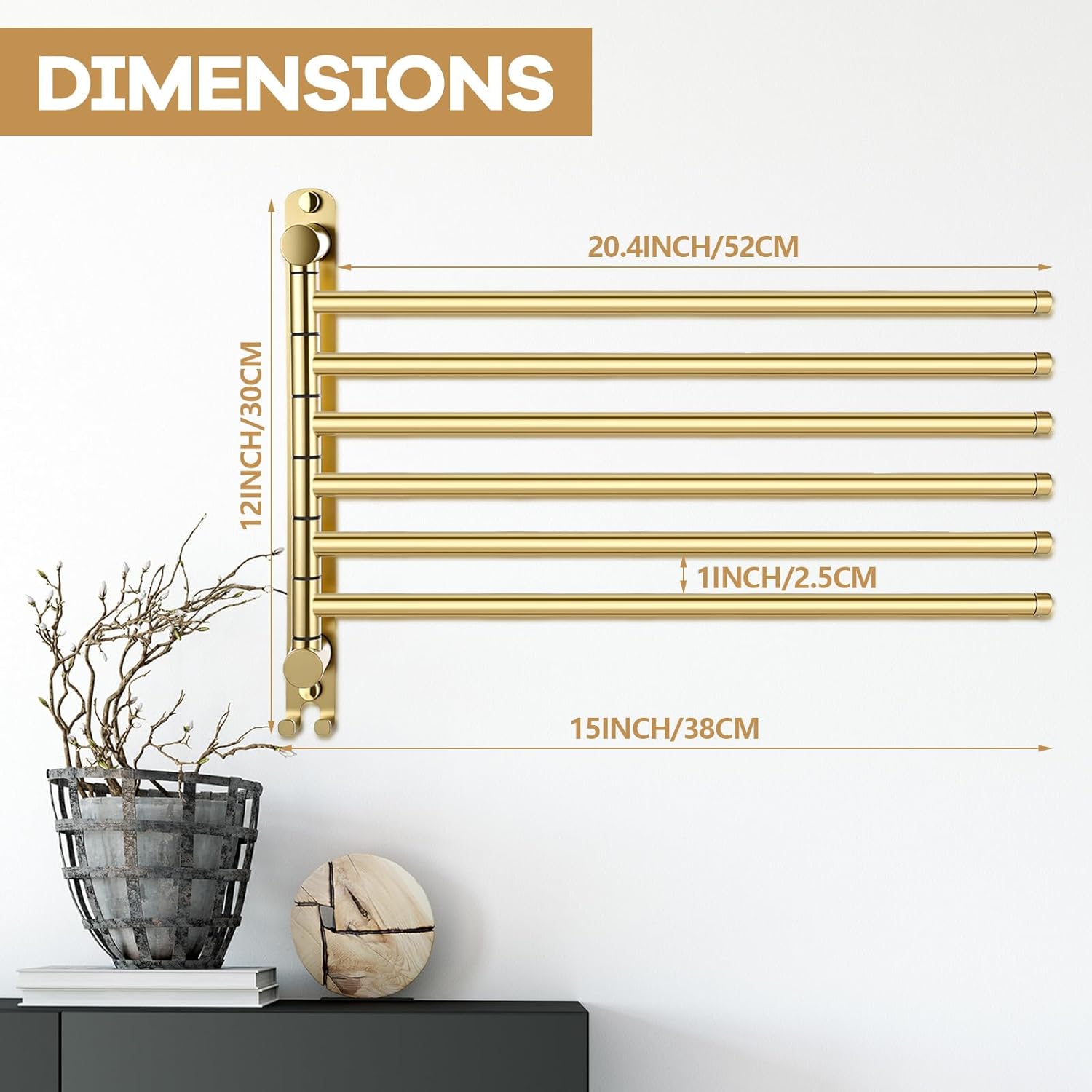 20.4 Inches Swivel Towel Rack 304 Stainless Steel 6 Arms Bathroom Towel Rack Hanger Pool Holder Wall Mounted Swivel Bar Space Saving with Hook(Black) 6 Arms 20.4 Inches Gold