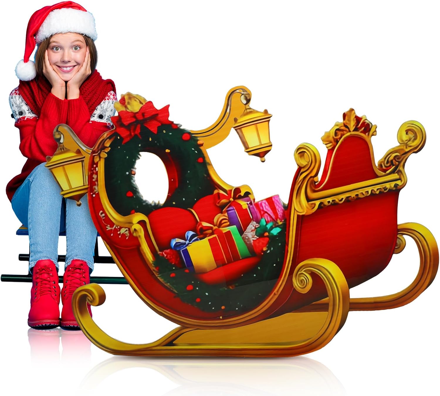 Jetec 5.6 ft Santa's Claus Sleigh Cardboard Cutout Stand-up Christmas Winter Holiday Party Decoration Life Size Santa's Sleigh Backdrops Photo Props Stand-up for Xmas Winter Holidays Decor Supply