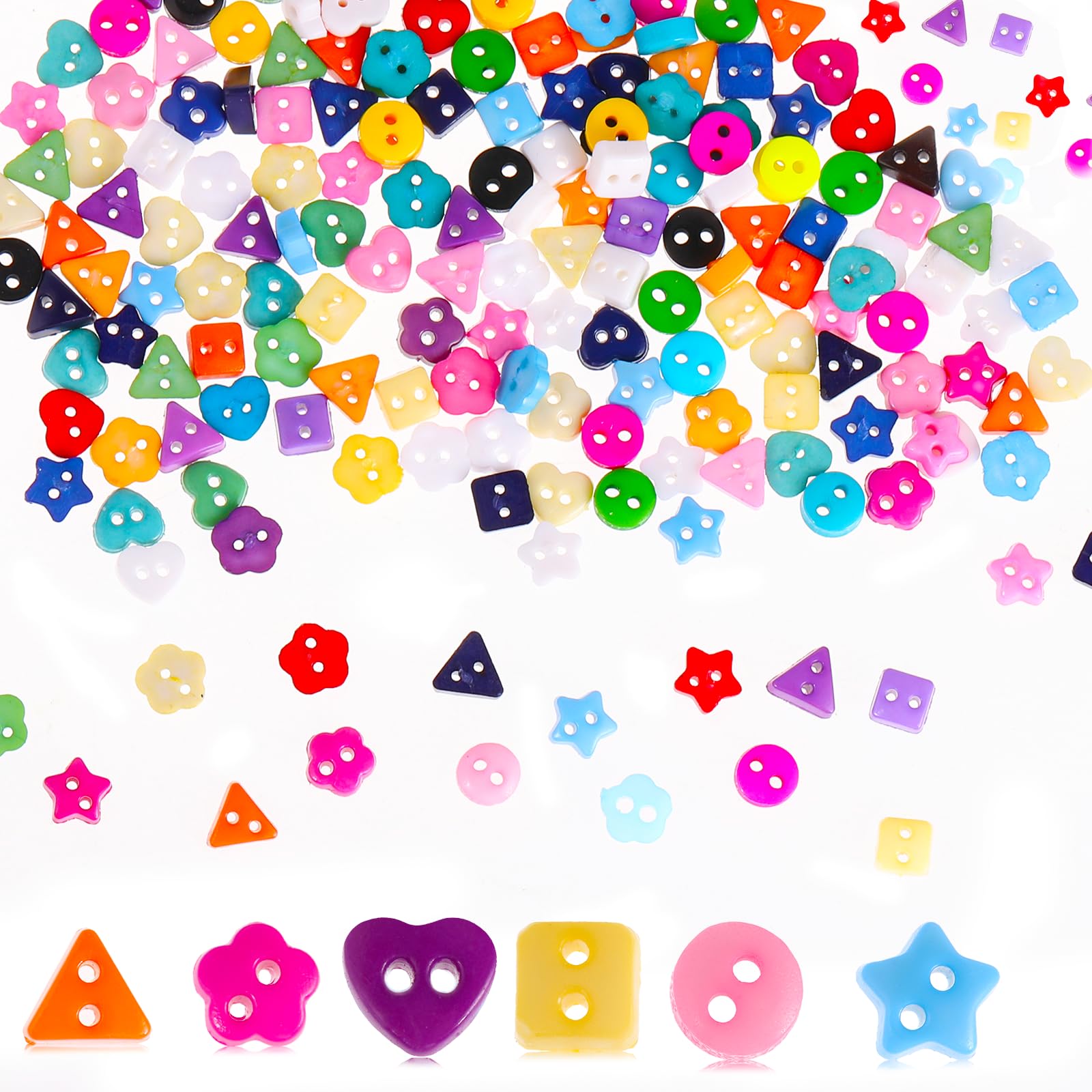 200PCS Mixed Color and Style Mini Buttons Tiny Resin Buttons 2 Hole Heart Star Flower Round Triangle Shapes Mini Button for Dolls Clothing Sewing Accessories DIY Hand Sewing AIDS Doll Clothes