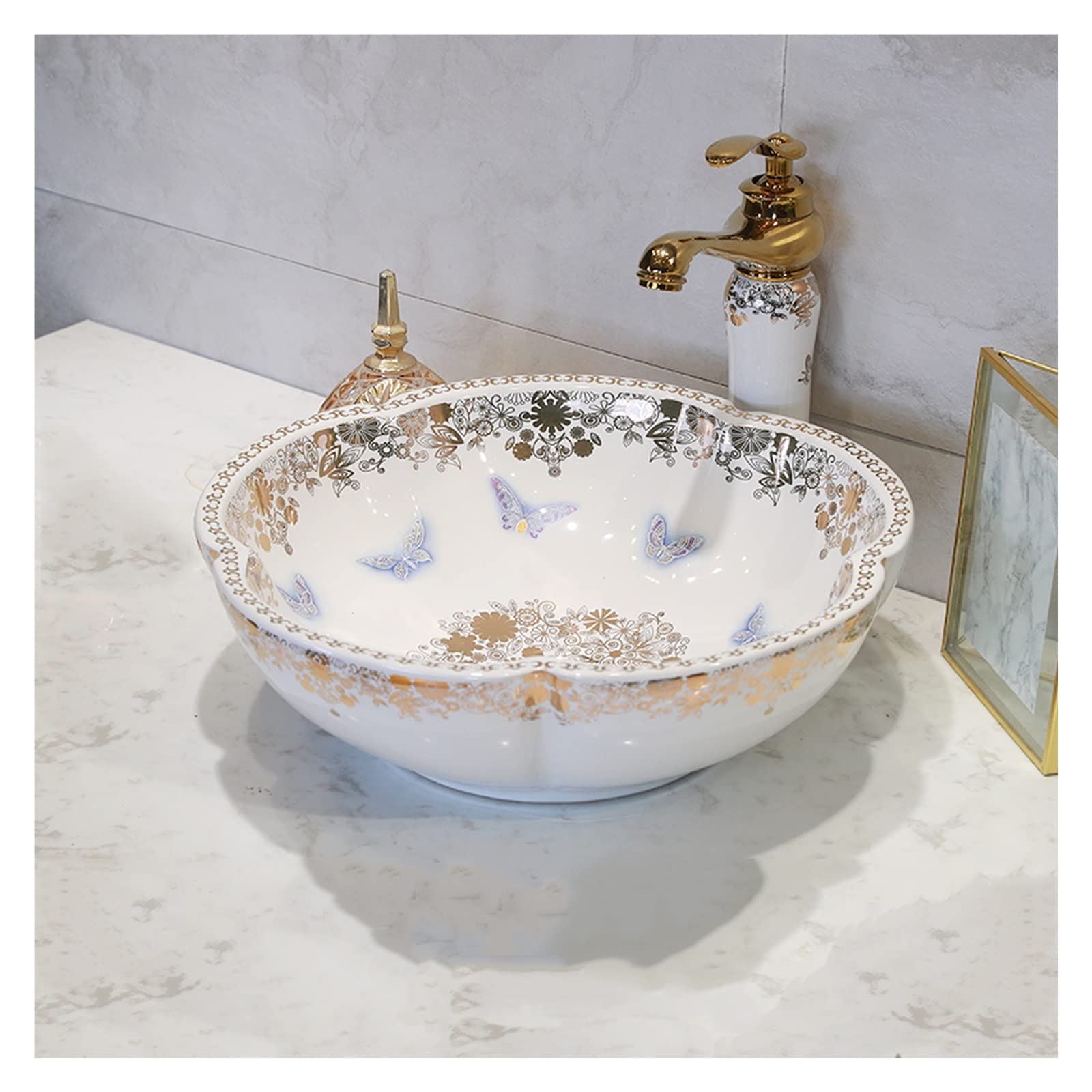 Sjdopulse White Petal Shape Vessel Sink, Fashion Bathroom Artistic Porcelain Vessel Bowl With Faucet Pop-Up Drain, Above Counter Lavatory Vanity Art Basin,