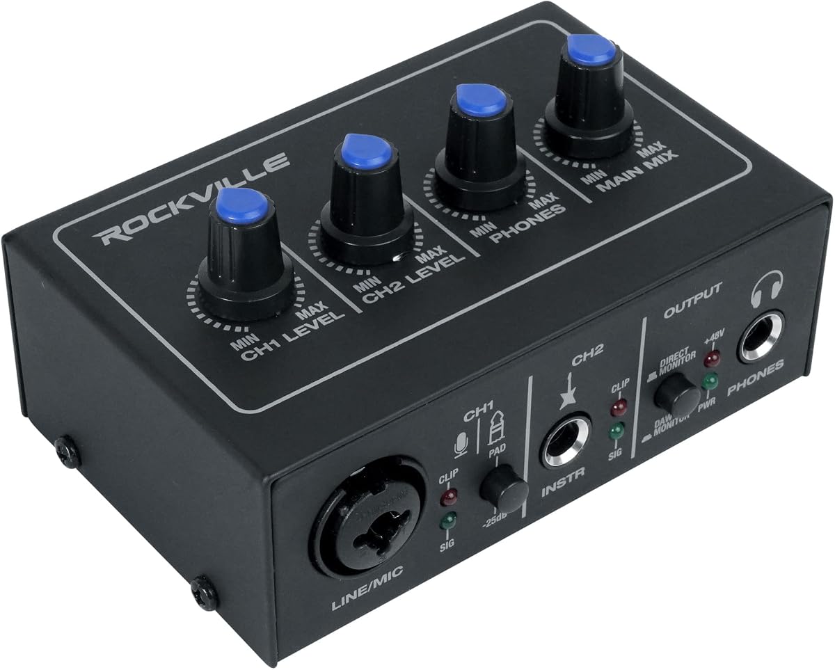 Interfaz de grabación de computadora USB Rockville ROCK-U MINI 2x2, 24 bits/192 kHz | Alimentación fantasma de 48 V, entradas XLR / 1/4" Hi-Z, alimentación por bus, monitor directo, carcasa metálica, salida de auriculares, Home Studio, Mac / PC