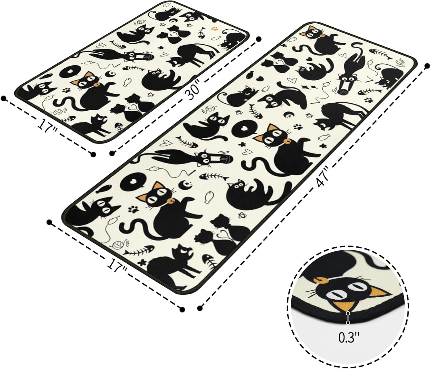 Cat Kitchen Rugs and Mats Non-Skid Washable for Floor, Black Farmhouse Cat Kitchen Decor and Accessories Kitchen Mat Set of 2, 17"x30"+17"x47"