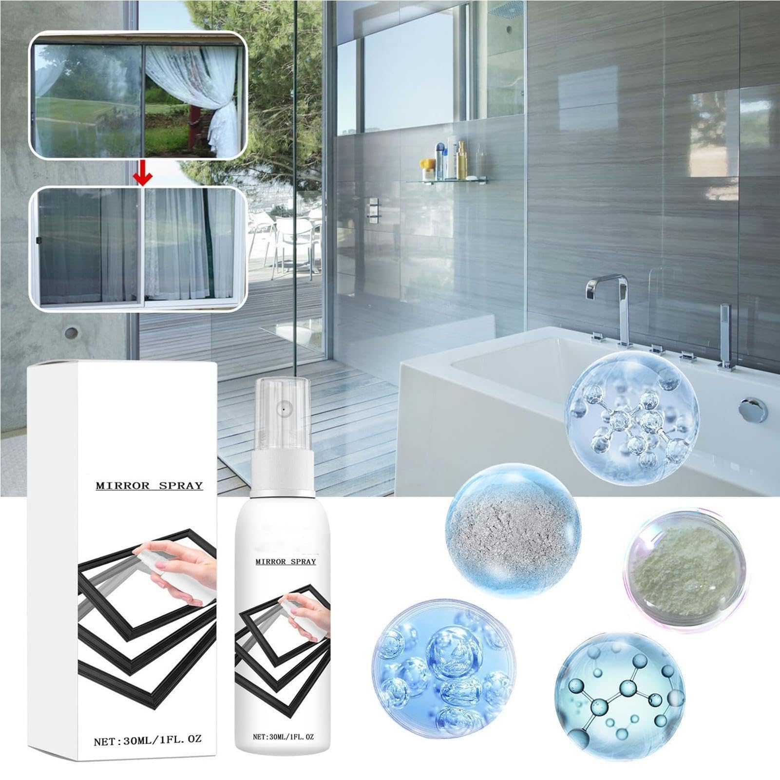 Spray Detergente Vetri | Nebulizzatore Lavante 30ml Per Rivestimento Riflettente - Detergente per Superfici Vetrate,Adatto a Casa, Auto, Bagno, Cucina, Doccia, Porte, Parabrezza e Vetri