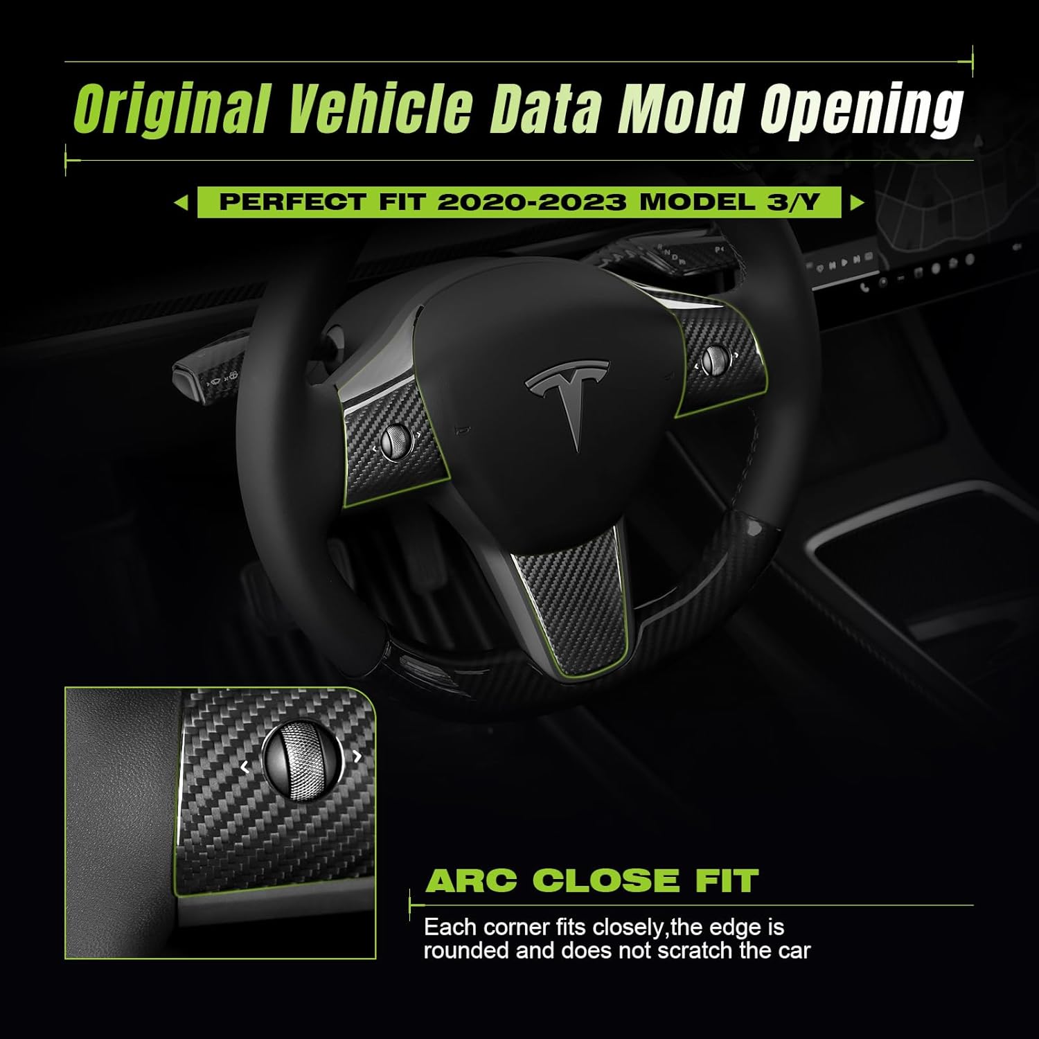 Steering Wheel Trim Cover 3PCS for 2017-2023 Model 3&Y,3K Toray Dry Carbon Fiber Interior Accessories Compatible with Tesla Model 3&Y(Glossy Black)
