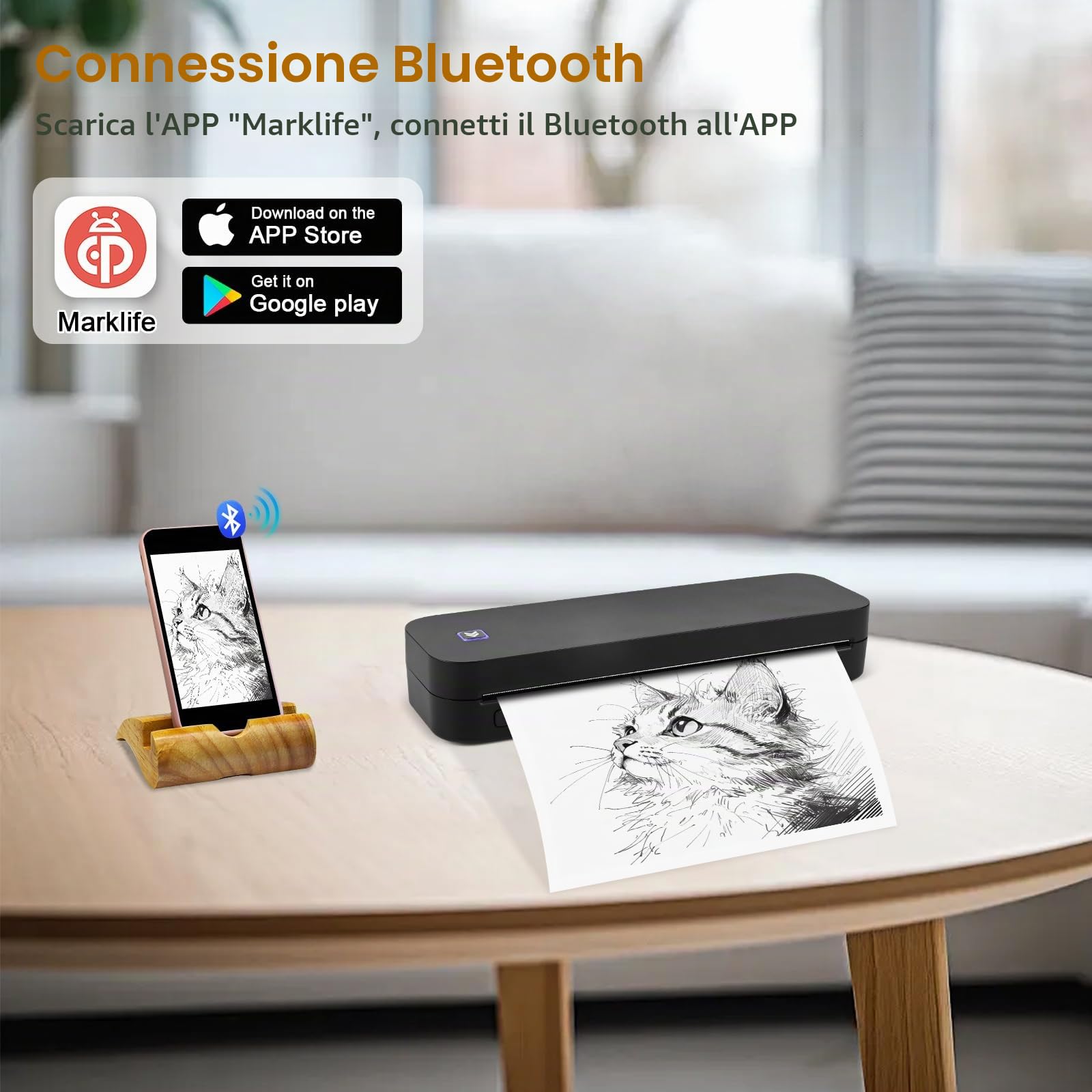 Stampante Termica Portatile A4 con Bluetooth, Stampante Mobile Wireless per Carta Termica 210x297 mm, Compatibile con Android iOS Nero