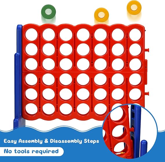 COSTWAY Giant Connect 4, 3-in-1 Indoor Outdoor Family Game with Basketball Hoop, Ring Toss, 42 Jumbo Rings, Quick-Release Slider, Four in A Row Game Set for Kids Adult (Blue)