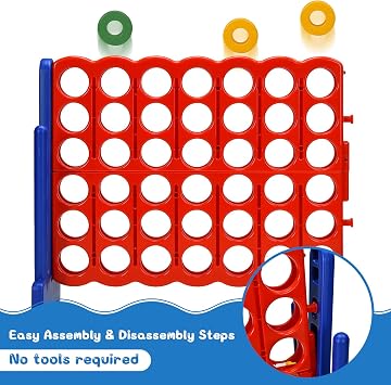 COSTWAY Giant Connect 4, 3-in-1 Indoor Outdoor Family Game with Basketball Hoop, Ring Toss, 42 Jumbo Rings, Quick-Release Slider, Four in A Row Game Set for Kids Adult (Blue)