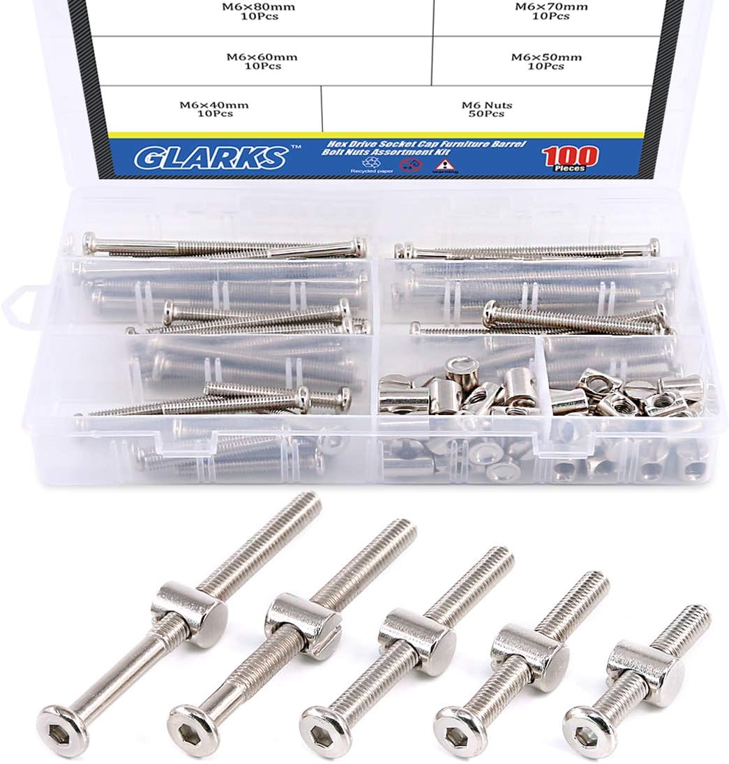 100Pcs M6 x 40/50/60/70/80mm Hex Drive Socket Cap Furniture Barrel Screws Bolt Nuts Assortment Kit for Furniture, Cots, Babybeds, Crib, Chairs - Nickel Plated