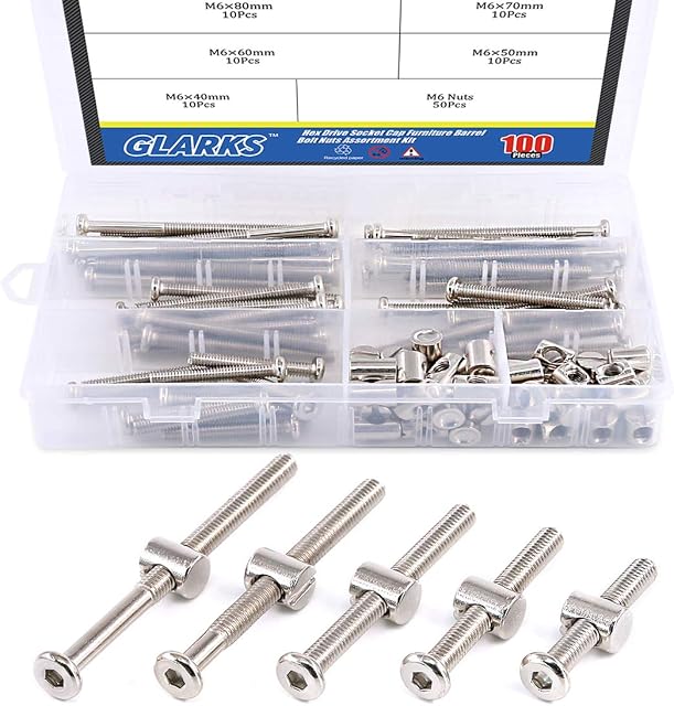 Glarks 100Pcs M6 x 40mm/50mm/60mm/70mm/80mm Hex Drive Socket Cap Furniture Barrel Screws Bolt Nuts Assortment Kit for Furniture, Cots, Babybeds, Crib, Chairs - Nickel Plated