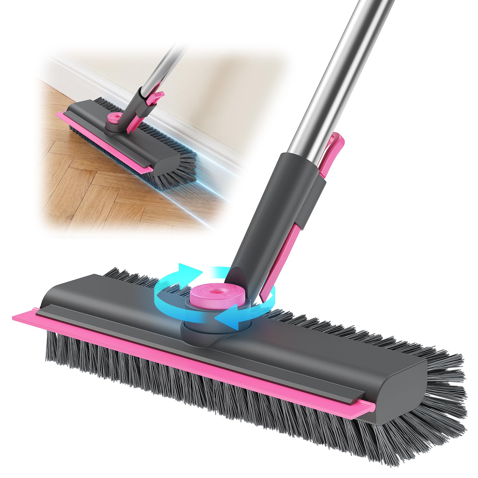 3 in 1 Floor Scrub Brush with Long Handle, Deck Brush with Squeegee
