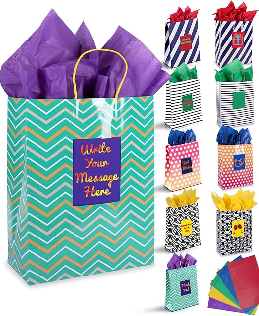 Purple Ladybug 10 Gift Bags Large - Unique Large Gift Bags for Presents with Handles & Scratch Paper Panel for Customization - Gift Bags Multipack with 5 Designs - Gift Bags Large Multipack