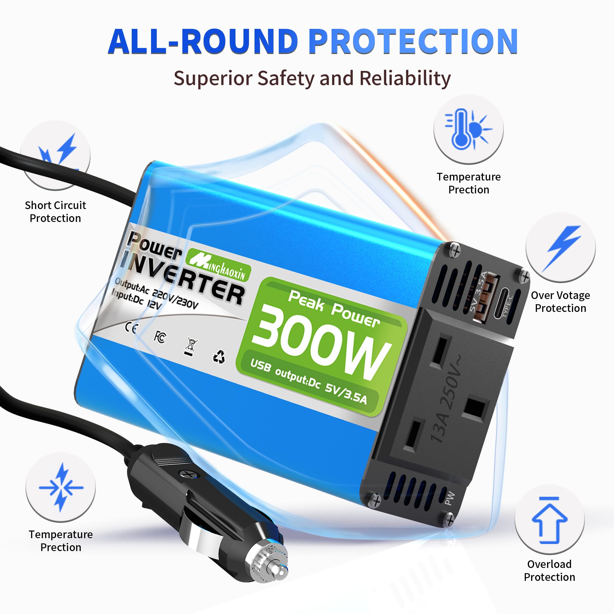 300W Car Power Inverter 12V to 230V/240V Converter, Car Charger Lighter Adapter USB-A and USB-C 3A Charging Ports - Blue Aluminum Body - 2
