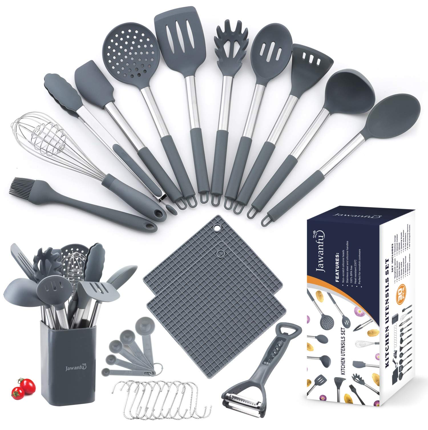 Silicone Utensils for Cooking, 446°F Heat Resistant Nontoxic, 17PCS Kitchen Utensils Set with Holder for Non-stick Pan
