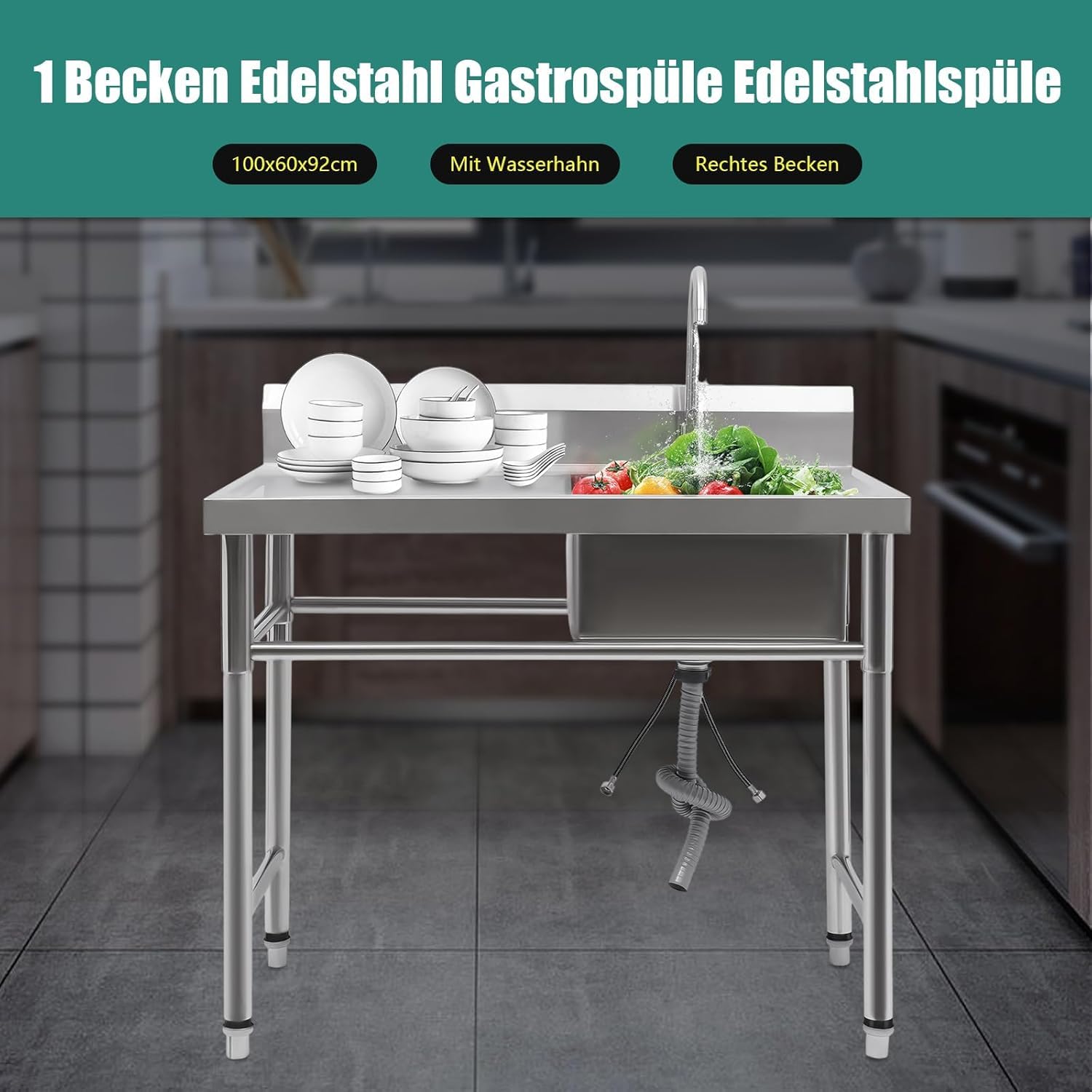 Küchenspüle,Spülbecken 1 Becken Rechts Spültisch Gastrospüle Spülbecken Edelstahlspüle Gastro Gastronomie Spüle Arbeitstisch Waschbecken Edelstahl,100cmx60cm