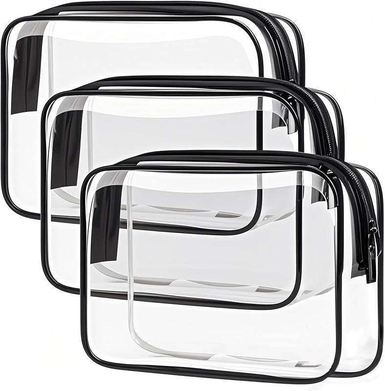 TRODANCE Clear Toiletry Bag, 3 Packs TSA Approved Water resistant Travel Organizer, Airport Airline Travel Essential Carry On Makeup Cosmetic Bags for Women, Black - 3 packs