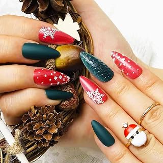 Uñas postizas de ataúd, decoraciones de Navidad, uñas postizas de bailarina de nieve, uñas acrílicas a presión de cubierta completa, uñas adhesivas de 24 piezas para mujeres y niñas (color: marrón,
