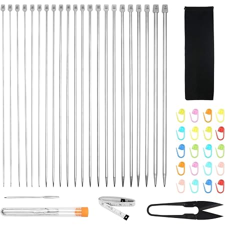 Aiguilles à Tricoter Droite 80 Cm Kit Complet Aiguilles à Tricoter Métal 11 Paires - Tailles 2-8mm - 25cm Avec Accessoires Tricot Aiguilles à Tricoter Gifi
