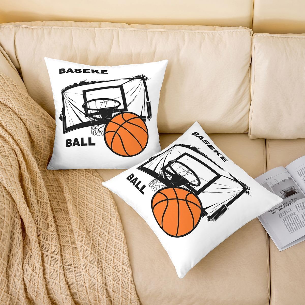 Manfei Cool Basketball Throw Pillow Cover,Sports Gaming Cushion Cover 18"x18" for Boys Girls Teens,Competition Games Style Pillowcase for Car RV Livingroom,White Orange Pillow Cover,Single Pack image 4